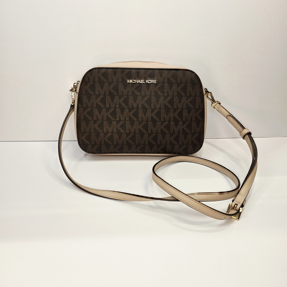MICHAEL KORS HOUSTON BROWN/SOFT PINK LARGE ZIP SIGNATURE LOGO CROSSBODY BAG